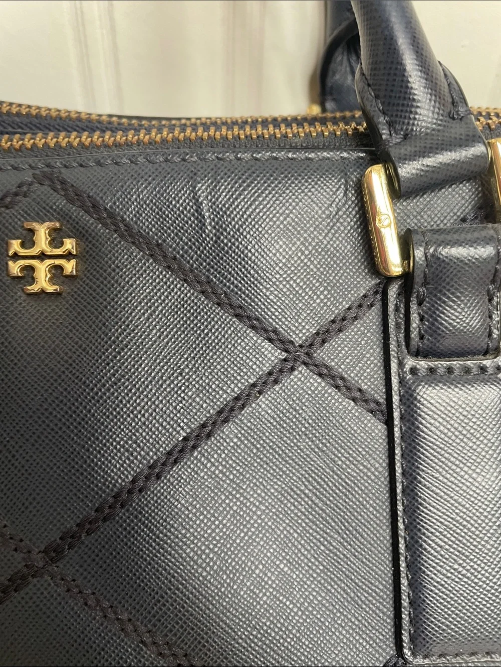 Tory Burch Quilted Navy Leather Top-Handle Satchel with Gold Hardware